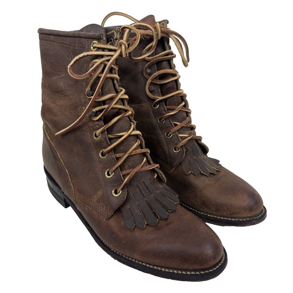Vintage Justin Women's Kiltie Boots Size 6B Brown Leather Roper Frontier L0515